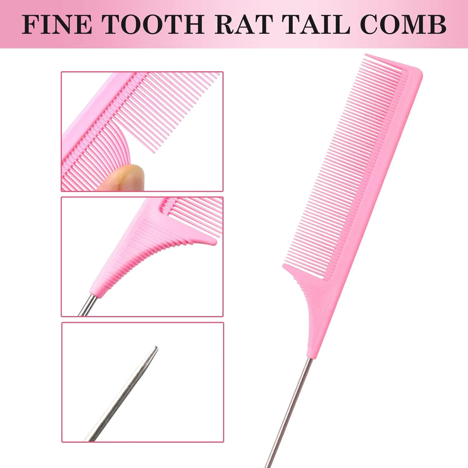 3 Pcs Pink Sleek Bun Tent Brush Set, Bristle Brush, Handle & Rat Tail Hair Comb