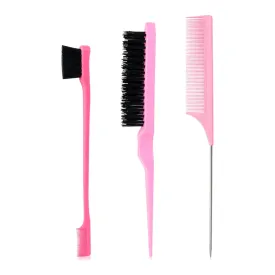 3 Pcs Pink Sleek Bun Tent Brush Set, Bristle Brush, Handle & Rat Tail Hair Comb