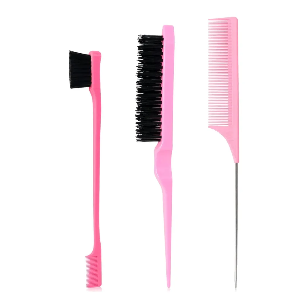 3 Pcs Pink Sleek Bun Tent Brush Set, Bristle Brush, Handle & Rat Tail Hair Comb