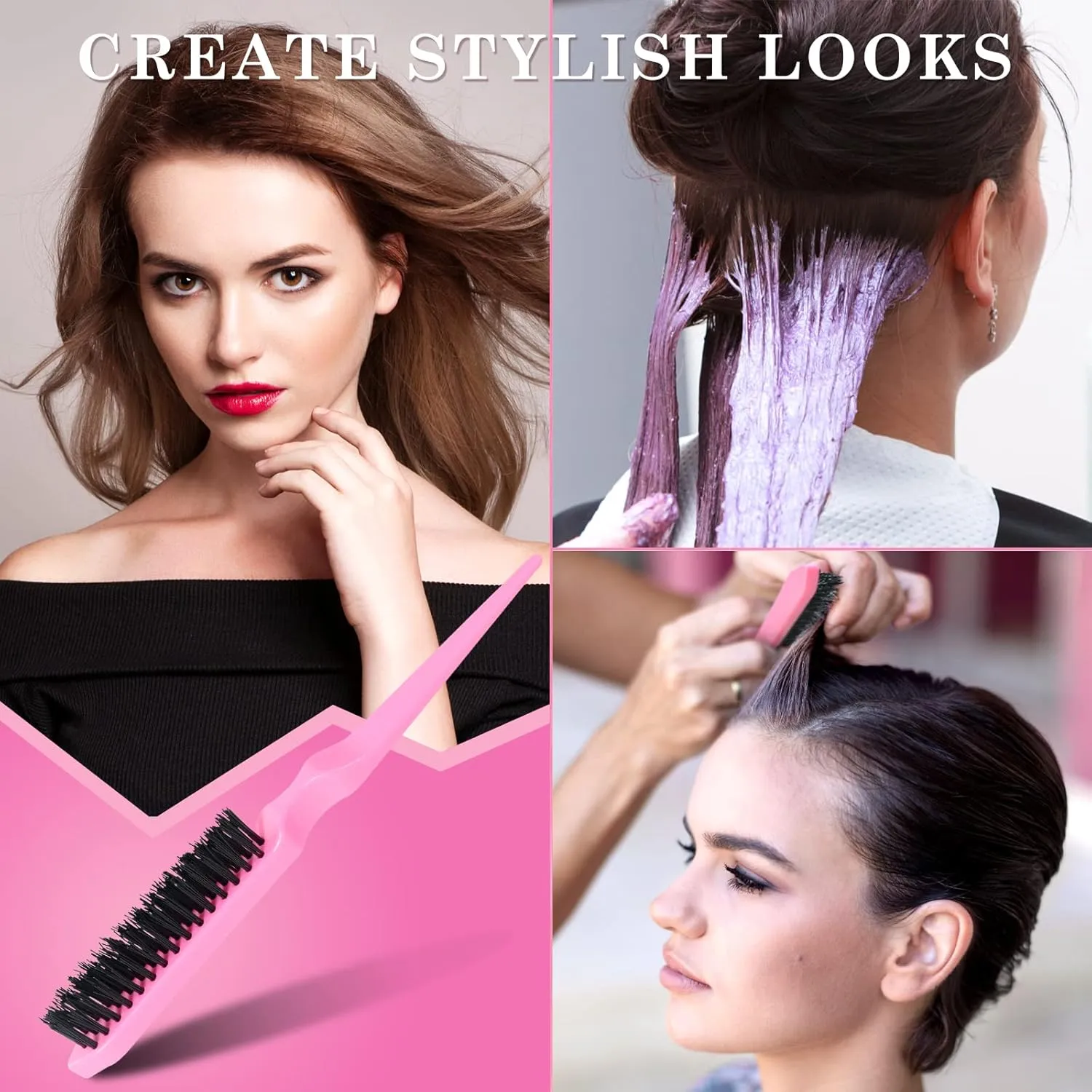 3 Pcs Pink Sleek Bun Tent Brush Set, Bristle Brush, Handle & Rat Tail Hair Comb