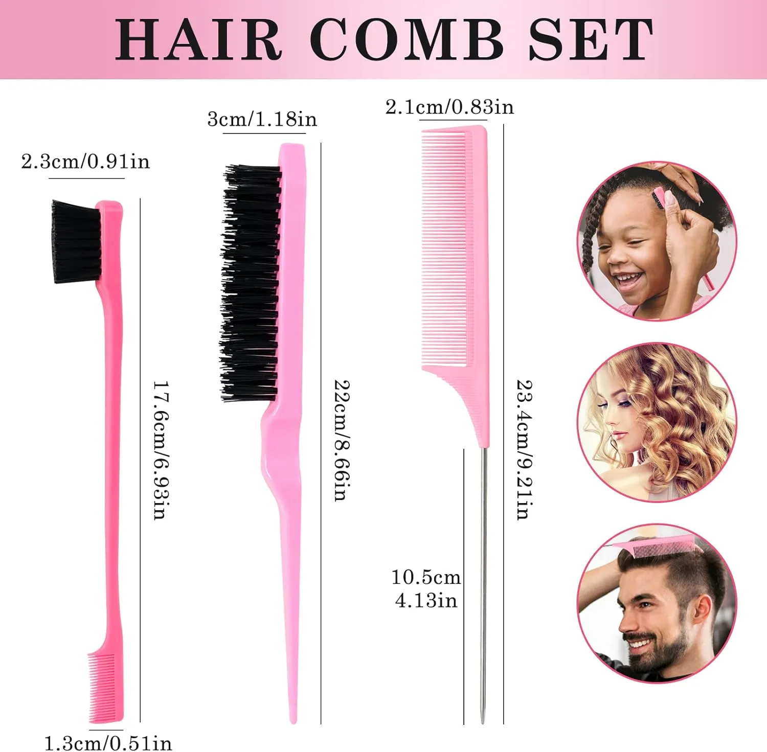 3 Pcs Pink Sleek Bun Tent Brush Set, Bristle Brush, Handle & Rat Tail Hair Comb