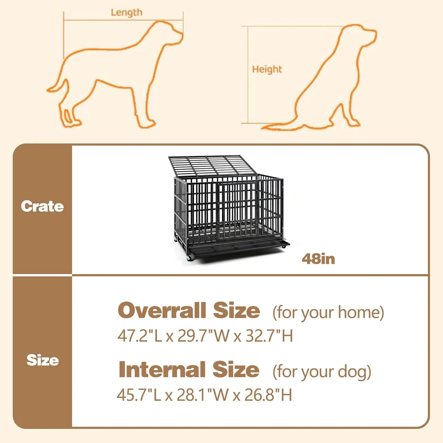 48 Inch Heavy Duty Indestructible Dog Crate Steel Escape Proof, Indoor Double Door High Anxiety Cage, Kennel with Wheels, Removable Tray, Extra Large XL XXL