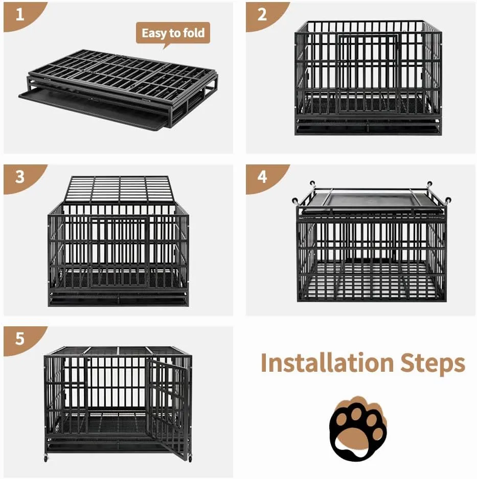 48 Inch Heavy Duty Indestructible Dog Crate Steel Escape Proof, Indoor Double Door High Anxiety Cage, Kennel with Wheels, Removable Tray, Extra Large XL XXL