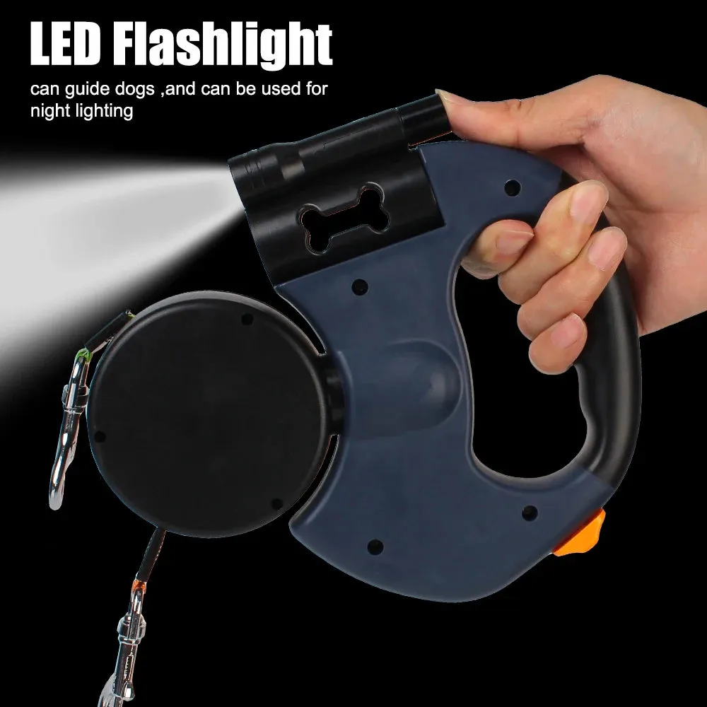 Auto Retractable Dual Dog Leash 3m Double-Ended Traction Rope With Flashlight Waste Bag Box Roulette for Small Medium Dogs