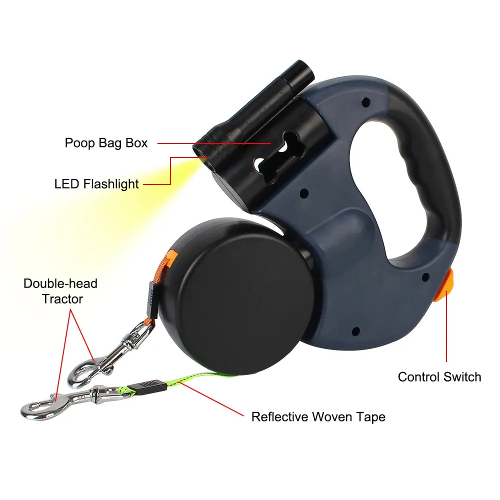 Auto Retractable Dual Dog Leash 3m Double-Ended Traction Rope With Flashlight Waste Bag Box Roulette for Small Medium Dogs
