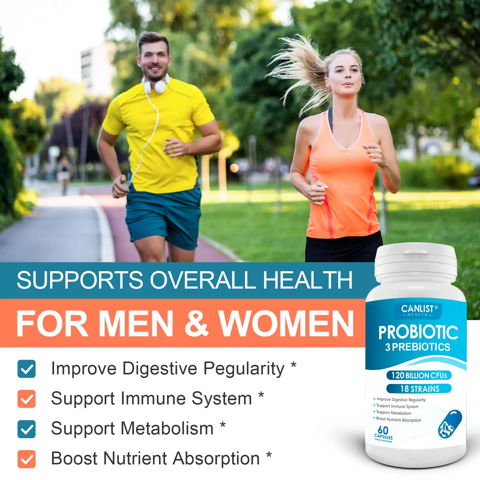CANLIST Probiotics 120 Billion CFUs 18 Strains, 3 Prebiotics & Digestive Enzymes for Men Women ,Digestive & Immune Support ,Shelf Stable Non-GMO 60 Vegetarian Capsules, Blue-1