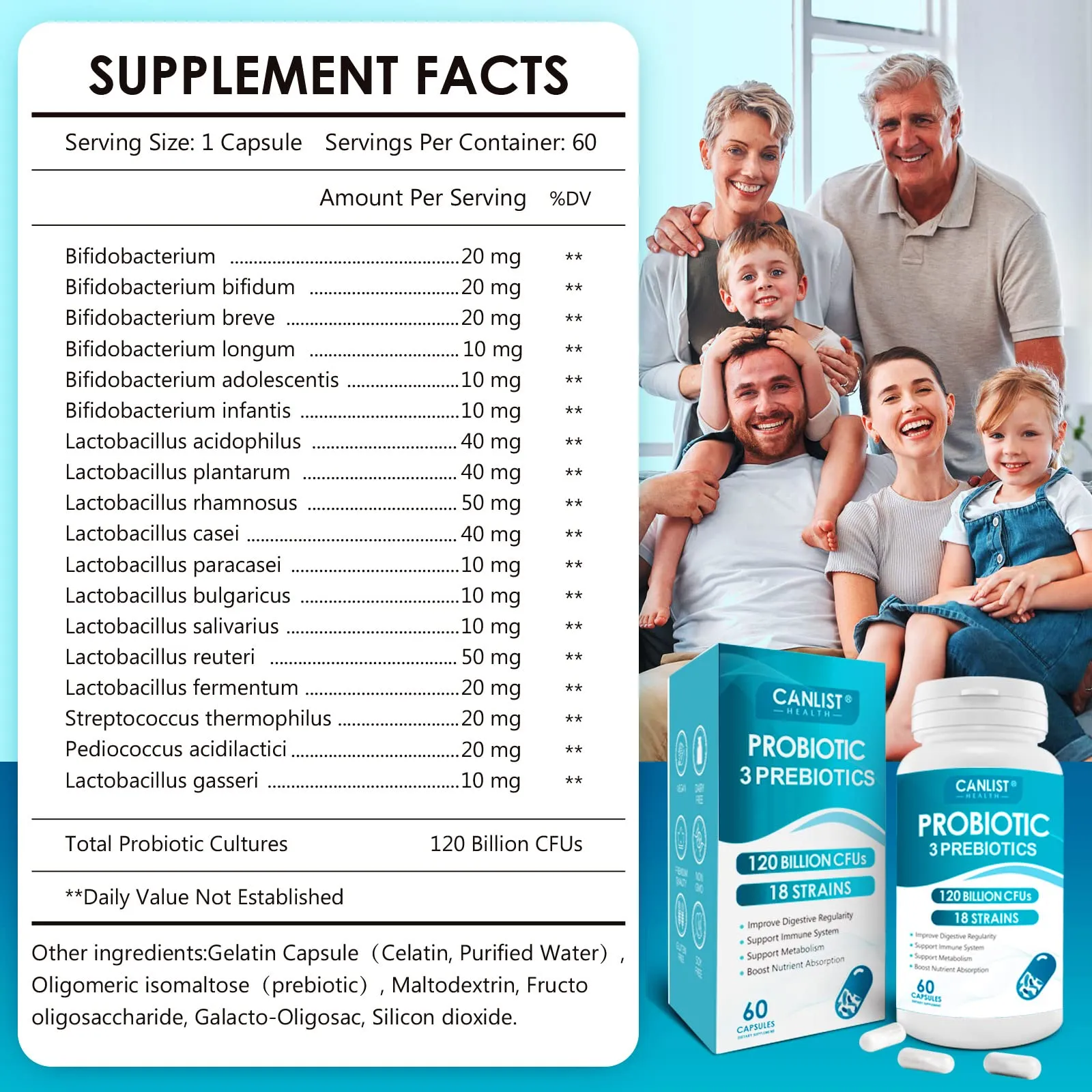 CANLIST Probiotics 120 Billion CFUs 18 Strains, 3 Prebiotics & Digestive Enzymes for Men Women ,Digestive & Immune Support ,Shelf Stable Non-GMO 60 Vegetarian Capsules, Blue-1