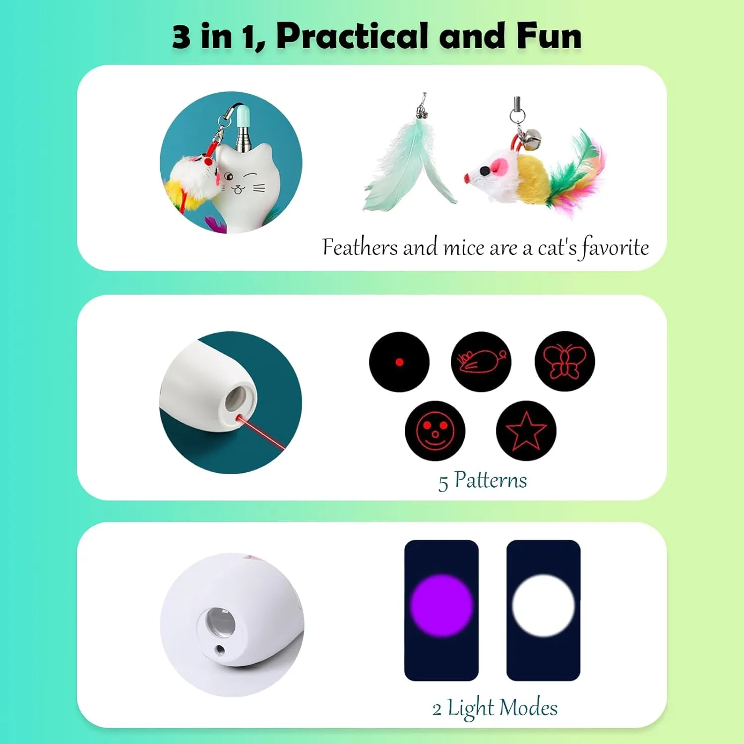 Cat Toys for Indoor Cats Retractable Cat Wand, with Feather & Mice, 3-in-1 Laser Pointer Interactive Cat Toy, 5 Modes, Kitten Toy for Indoor Cat and Dog (Green)