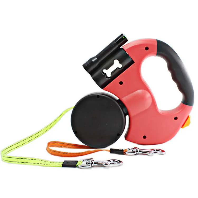 Dual Headed Pet Leashes with Flashlight Garbage Bag Box Automatic Retractable Dogs Traction Rope - GlamzLife