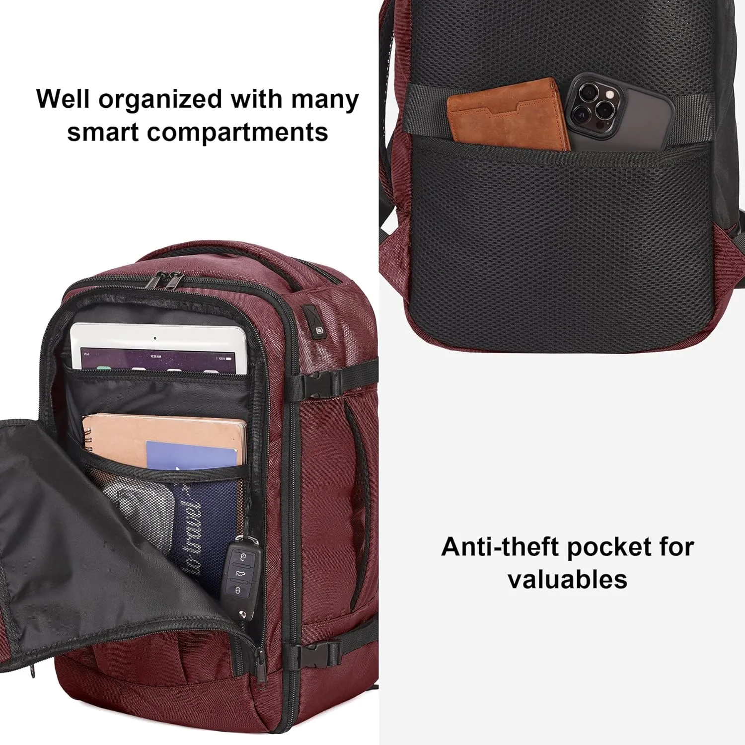ECOHUB Travel Backpack 18x14x8 Spirit Airlines Personal Item Bag Carry On Backpack 13 Pockets Large Work Casual Daypack for men Airline Approved Waterproof Gym Backpack with Charging Port, Red