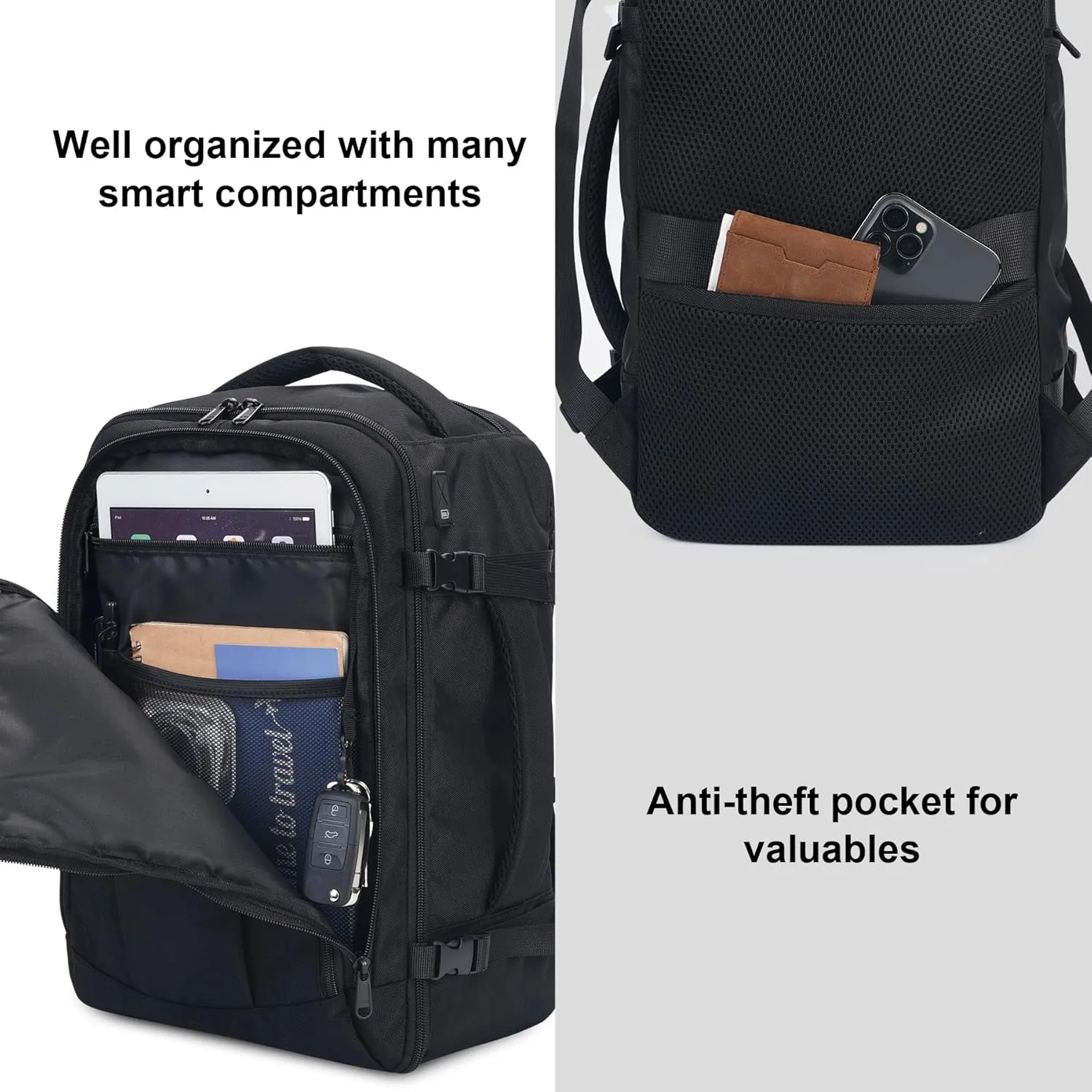 ECOHUB Travel Backpack 18x14x8 Spirit Airlines Personal Item Bag Carry On Backpack 13 Pockets Work Casual Daypack for Men Women Airline Approved Water Resistant Gym Backpack with Charging Port, Black