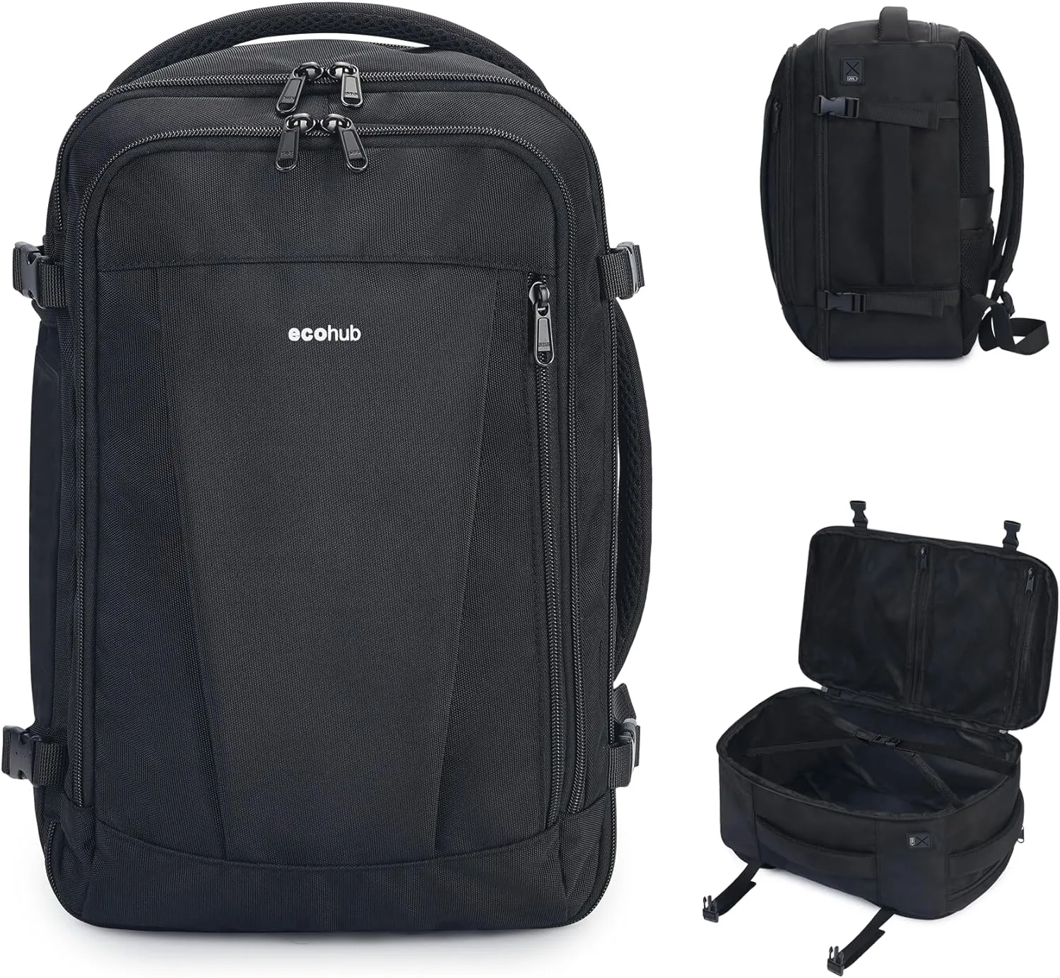ECOHUB Travel Backpack 18x14x8 Spirit Airlines Personal Item Bag Carry On Backpack 13 Pockets Work Casual Daypack for Men Women Airline Approved Water Resistant Gym Backpack with Charging Port, Black