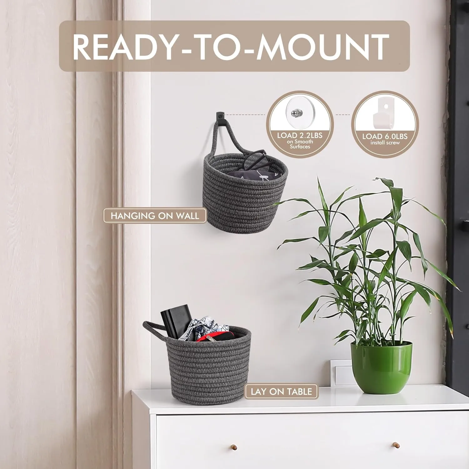 Fabric Wall Hanging Baskets - 3Pack Woven Pouchs Boho Style Wall Mounted Bag with Adhesive Hooks, Storage Organizers and Decoration Pocket Caddy Bins on Door Rack (Dark Gray & Black, Large)