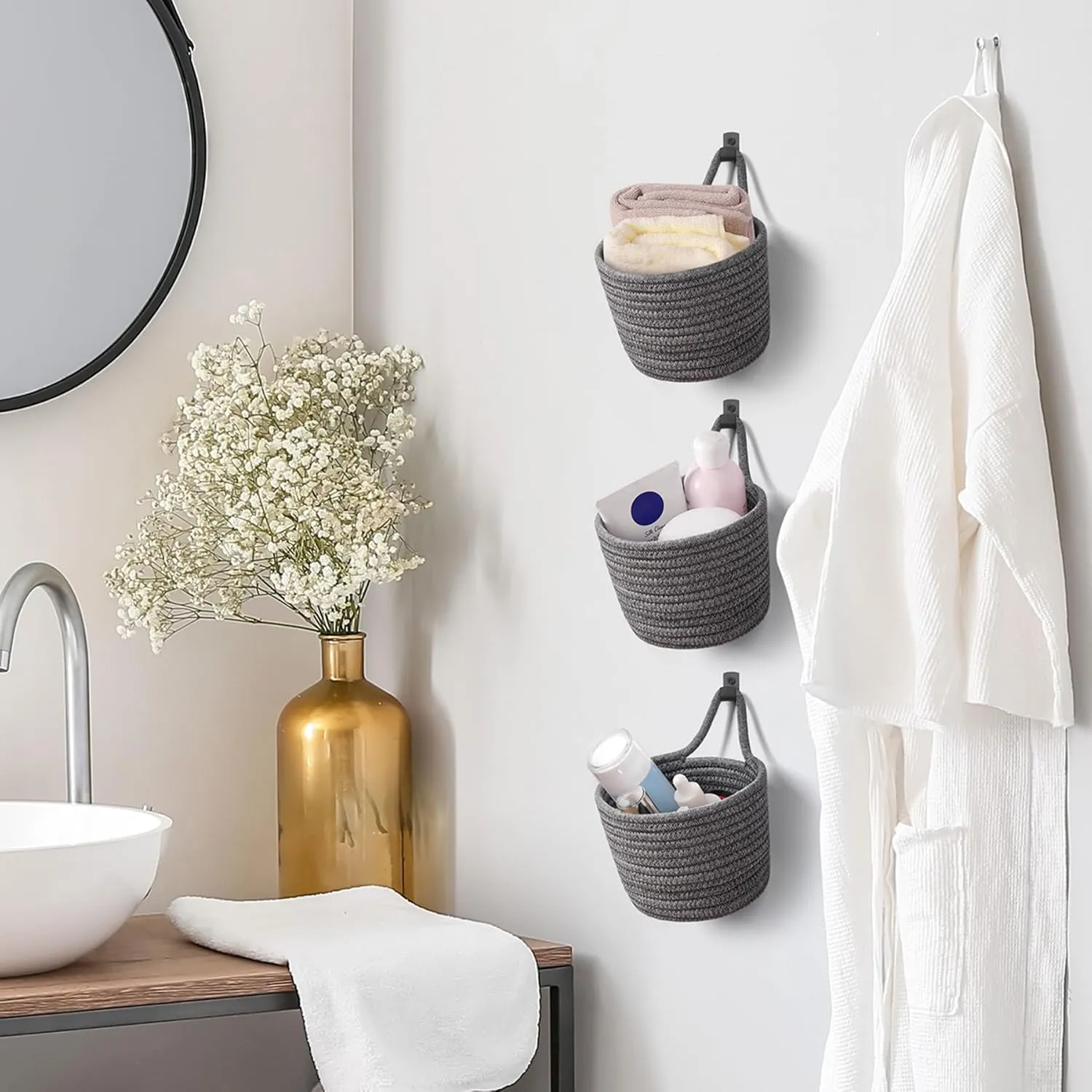 Fabric Wall Hanging Baskets - 3Pack Woven Pouchs Boho Style Wall Mounted Bag with Adhesive Hooks, Storage Organizers and Decoration Pocket Caddy Bins on Door Rack (Dark Gray & Black, Large)