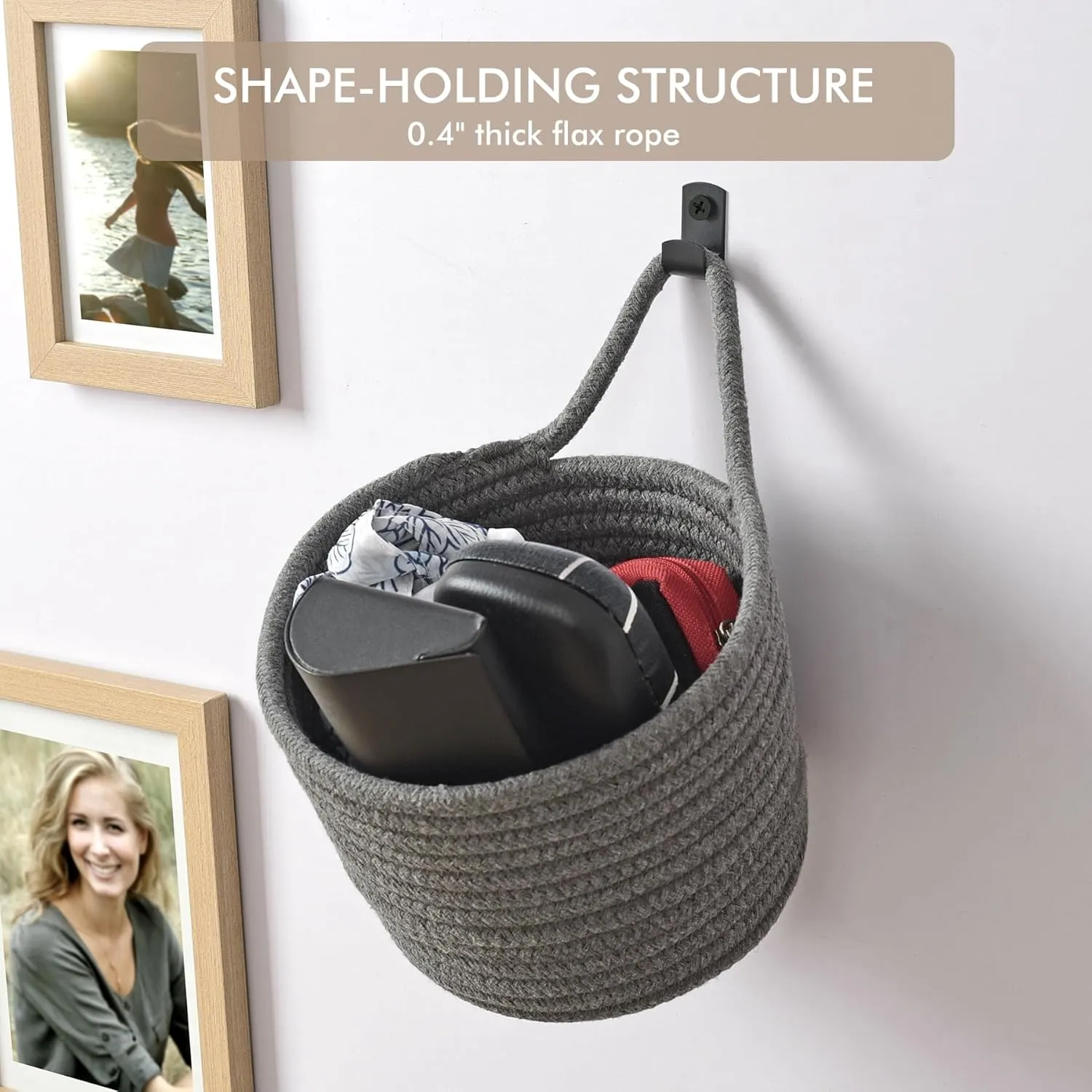 Fabric Wall Hanging Baskets - 3Pack Woven Pouchs Boho Style Wall Mounted Bag with Adhesive Hooks, Storage Organizers and Decoration Pocket Caddy Bins on Door Rack (Dark Gray & Black, Large)
