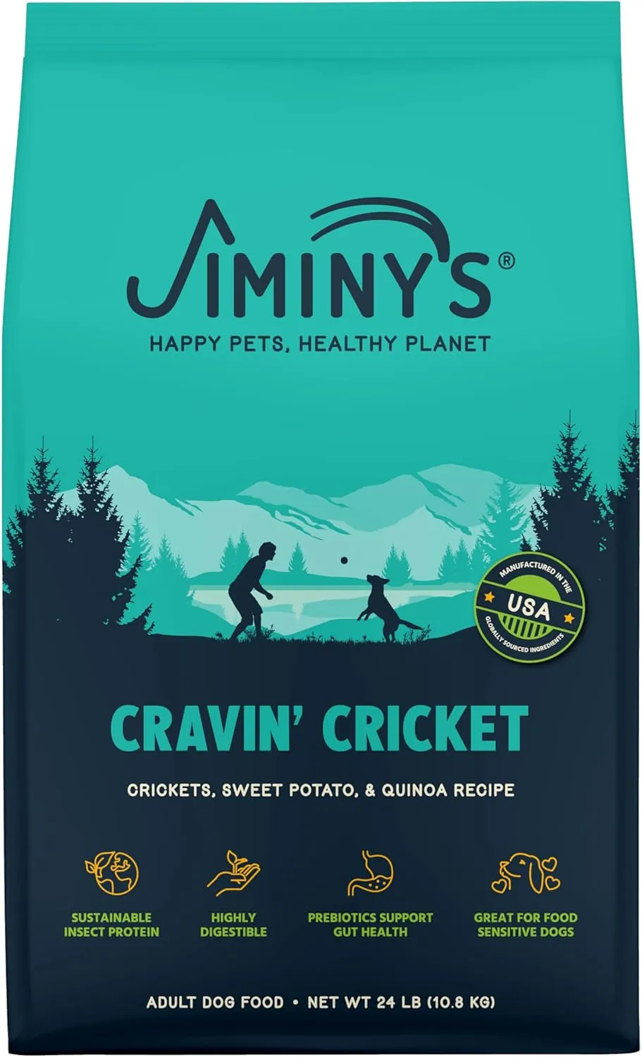 Jiminy's Cravin' Cricket Dry Dog Food, Sensitive Stomach, Improved Gut Health, Probiotic & Prebiotic, Hypoallergenic, Lower Carbon Footprint, Made in USA, 24lb Bag (Pack of 1)