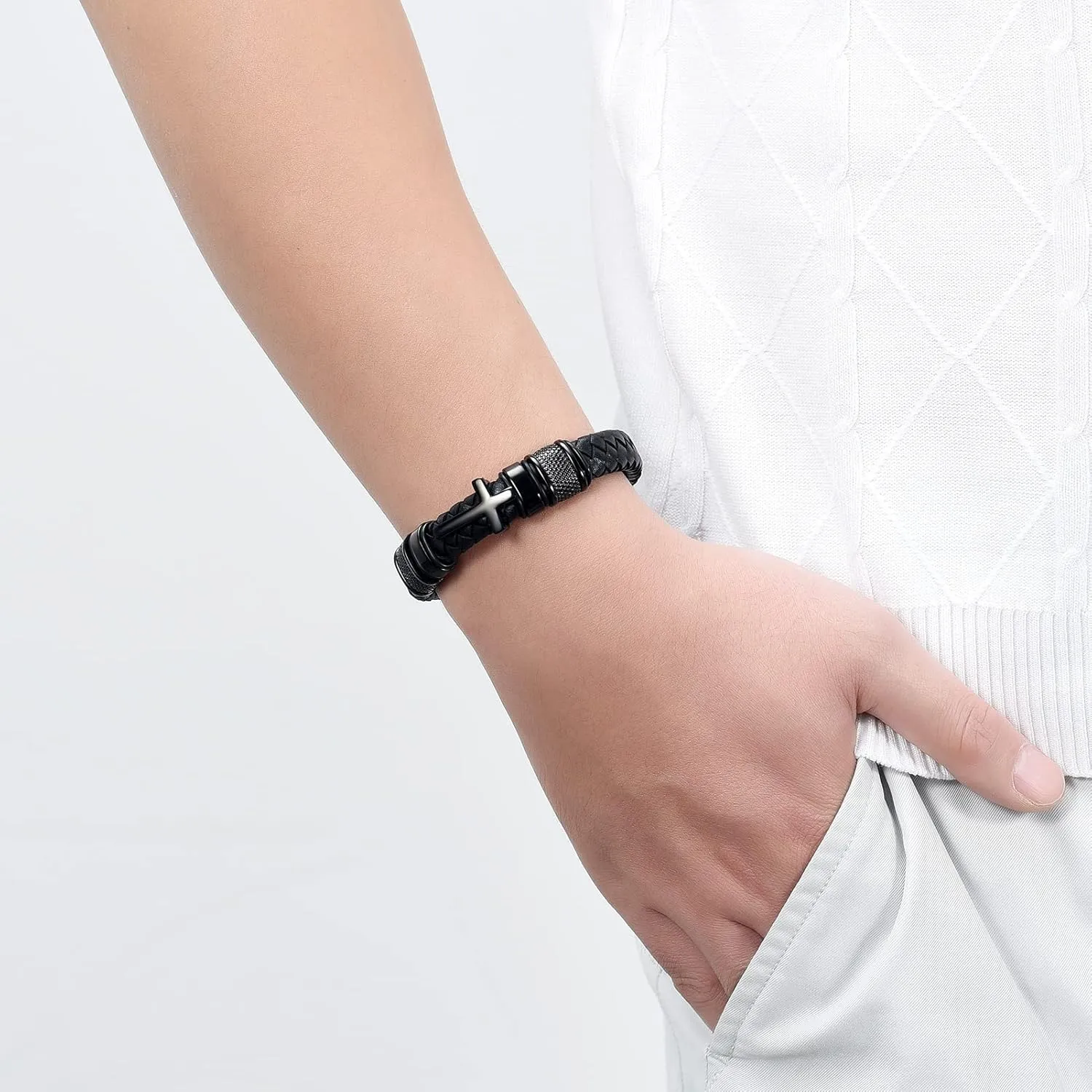 Minicremation Cross Cremation Jewelry Urn Bracelet for Ashes Genuine Leather for Women Men Keepsake Memorial Cuff Bangle Braided Wristband Bracelet for Men