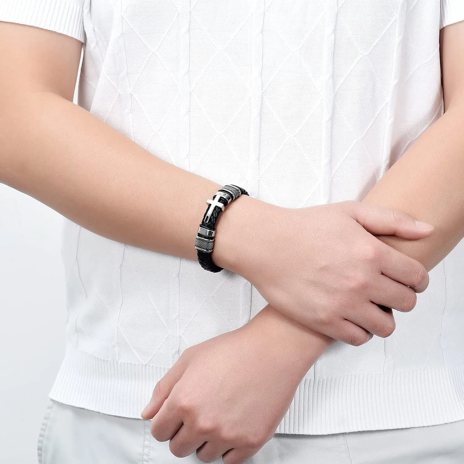 Minicremation Cross Cremation Jewelry Urn Bracelet for Ashes Genuine Leather for Women Men Keepsake Memorial Cuff Bangle Braided Wristband Bracelet for Men