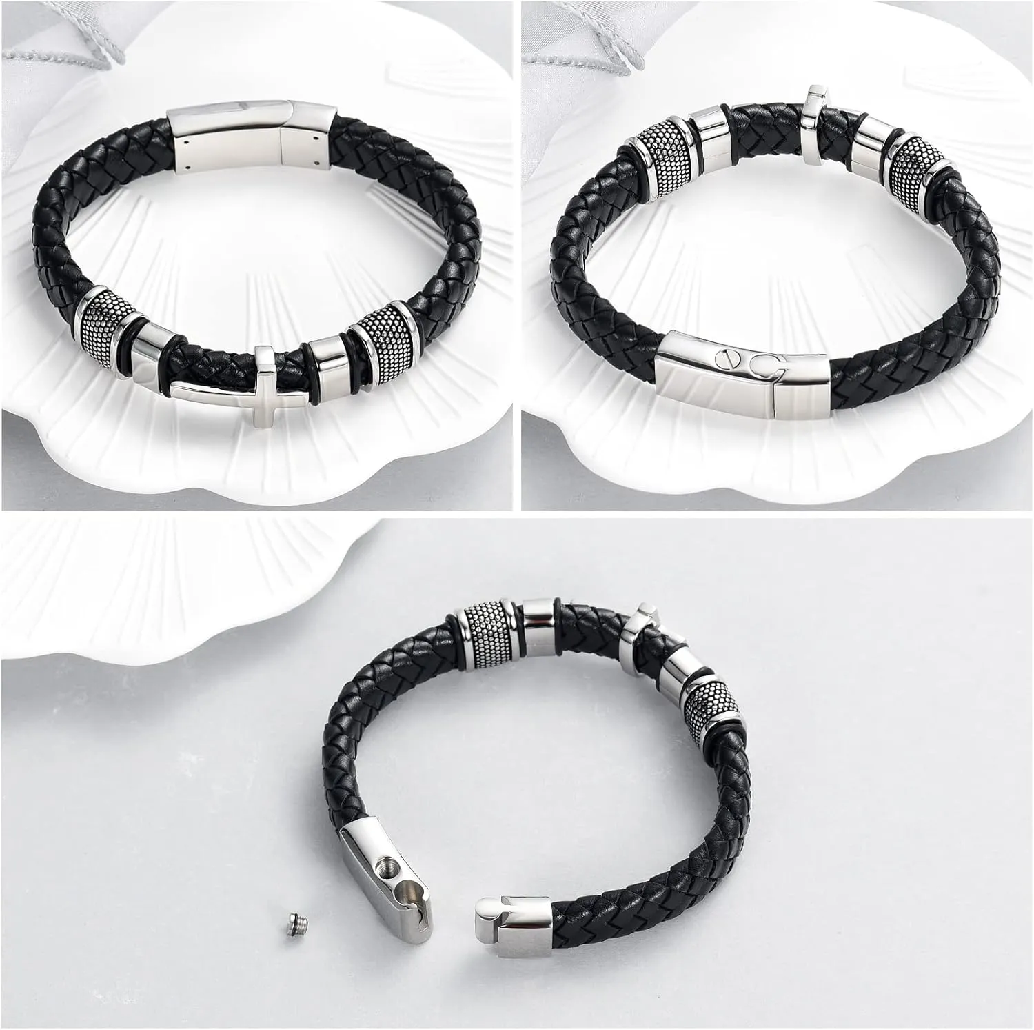 Minicremation Cross Cremation Jewelry Urn Bracelet for Ashes Genuine Leather for Women Men Keepsake Memorial Cuff Bangle Braided Wristband Bracelet for Men