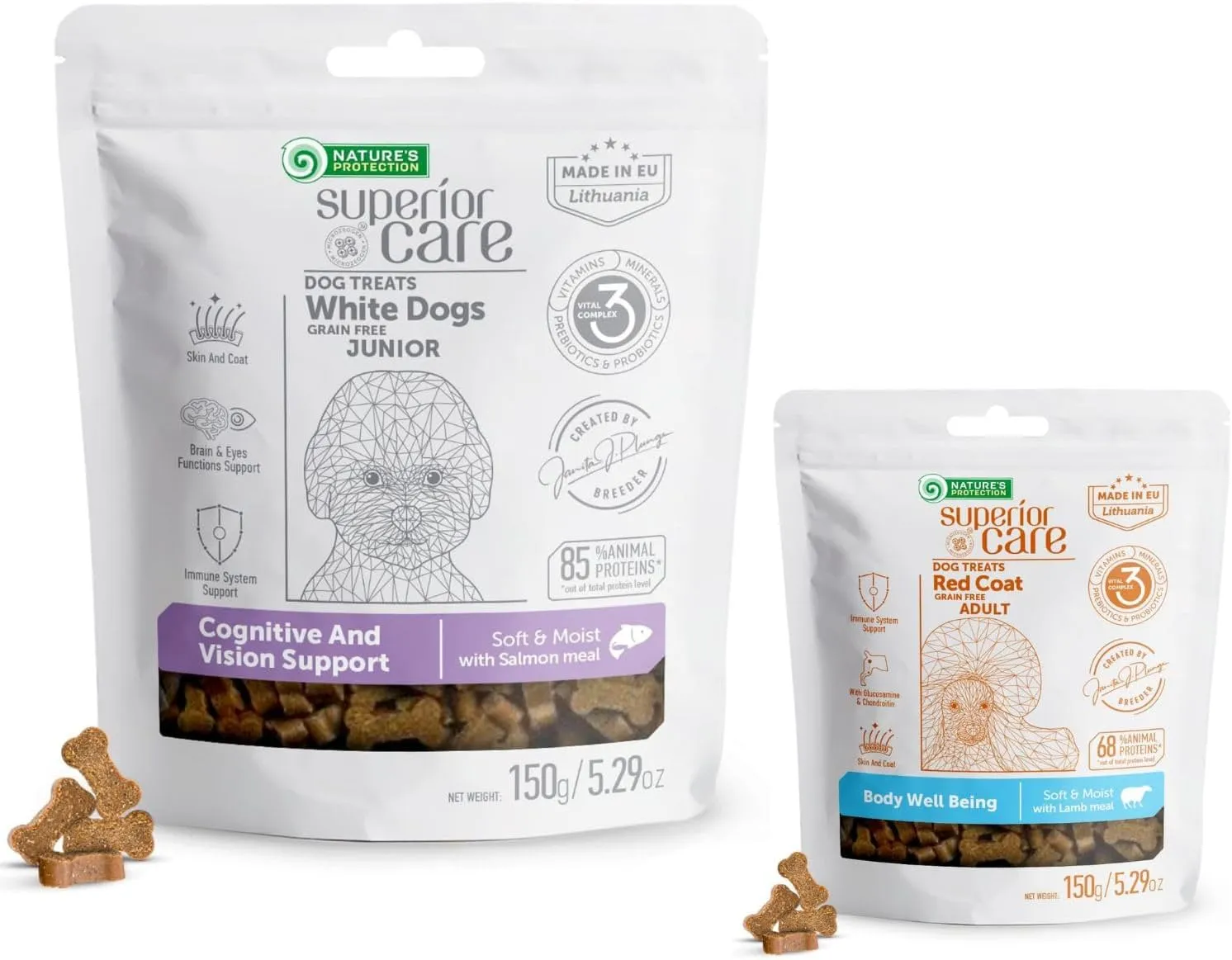 Nature's Protection Superior Care Grain-Free Healthy Dog Training Treats for Puppies and Adult Dogs Bundle - High Protein Salmon and Lamb Chews, 5.29 oz Each
