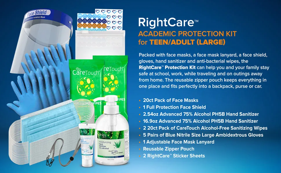 RightCare Adult & Teacher PPE Kit for Back to Work / Office / Classroom / Travel - Face Masks, Face Shield, Hand Sanitizer, Antibacterial Wipes, Nitrile Gloves