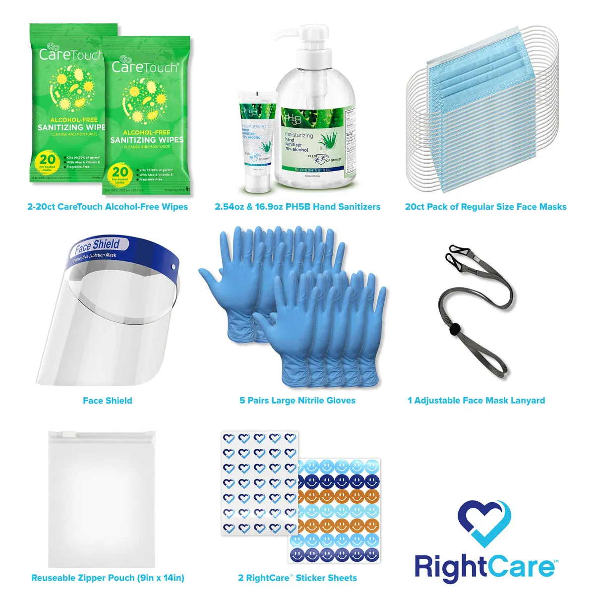 RightCare Adult & Teacher PPE Kit for Back to Work / Office / Classroom / Travel - Face Masks, Face Shield, Hand Sanitizer, Antibacterial Wipes, Nitrile Gloves