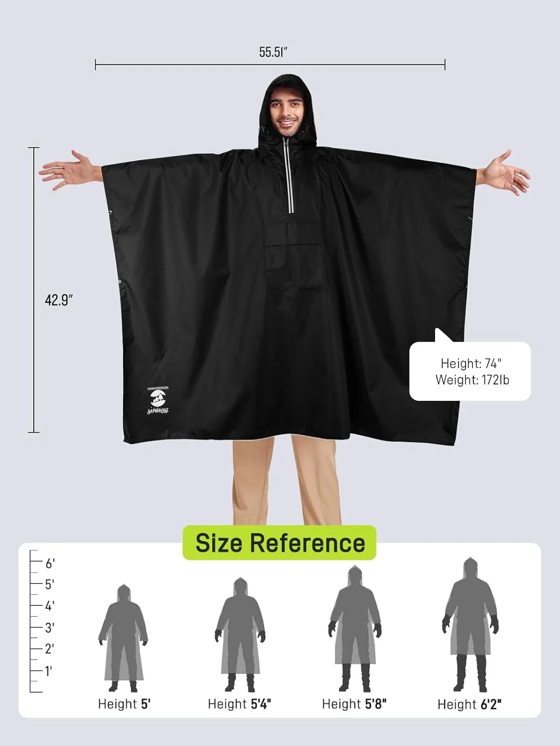 SaphiRose Hooded Rain Poncho Waterproof Raincoat Jacket for Men Women Adults
