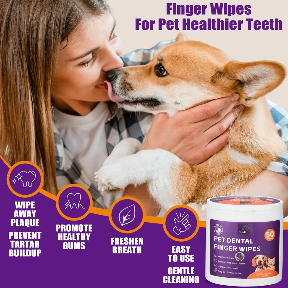 Teeth Cleaning Finger Wipes for Dogs & Cats, Soft Pet Dental Finger Wipes for Dogs, Disposable Cat Tooth Cleaning Wipes, Gentle Dog Teeth Brushing Finger Wipes (50 Wipes)