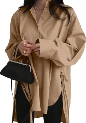 Verdusa Women's Oversized Button Down Shirts Split High Low Long Sleeve Blouses
