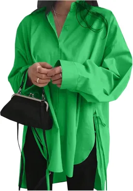 Verdusa Women's Oversized Button Down Shirts Split High Low Long Sleeve Blouses