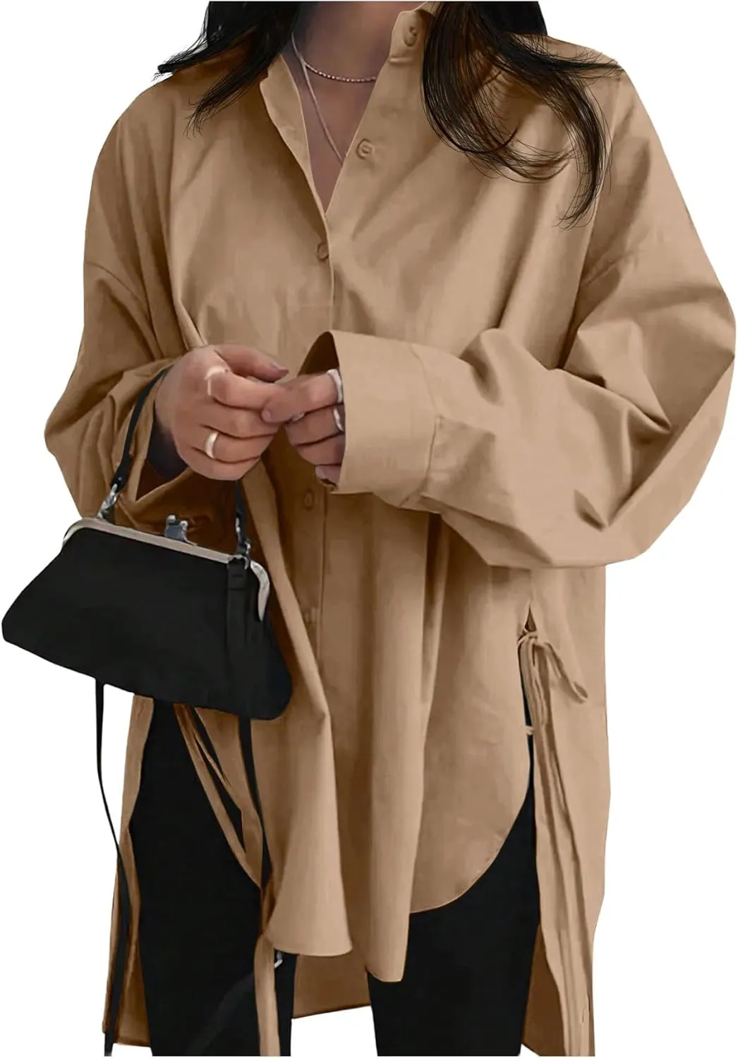 Verdusa Women's Oversized Button Down Shirts Split High Low Long Sleeve Blouses