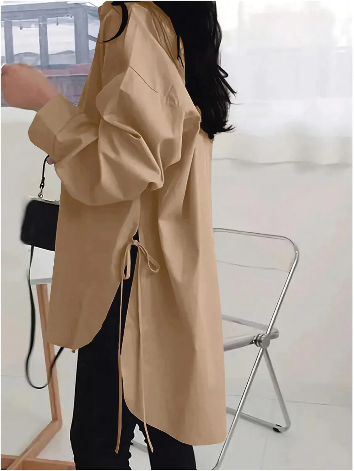 Verdusa Women's Oversized Button Down Shirts Split High Low Long Sleeve Blouses